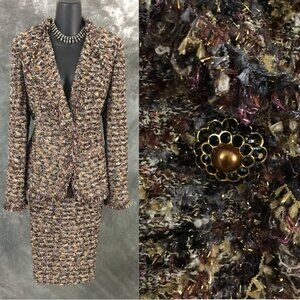 BEAUTIFUL st john knit brown multi fringe shimmer jacket skirt suit size 10